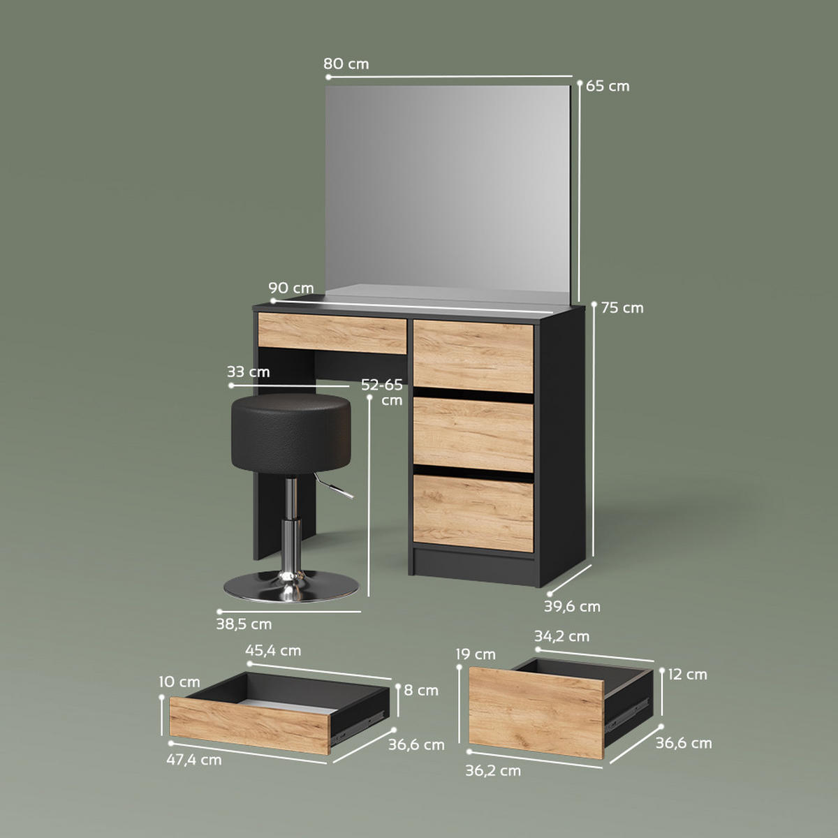 SCHMINKTISCH Imola Anthrazit/Goldkraft Eiche 120 cm mit Hocker - Anthrazit/Eiche Wotan, Holzwerkstoff (120/75/55cm) - Livinity®