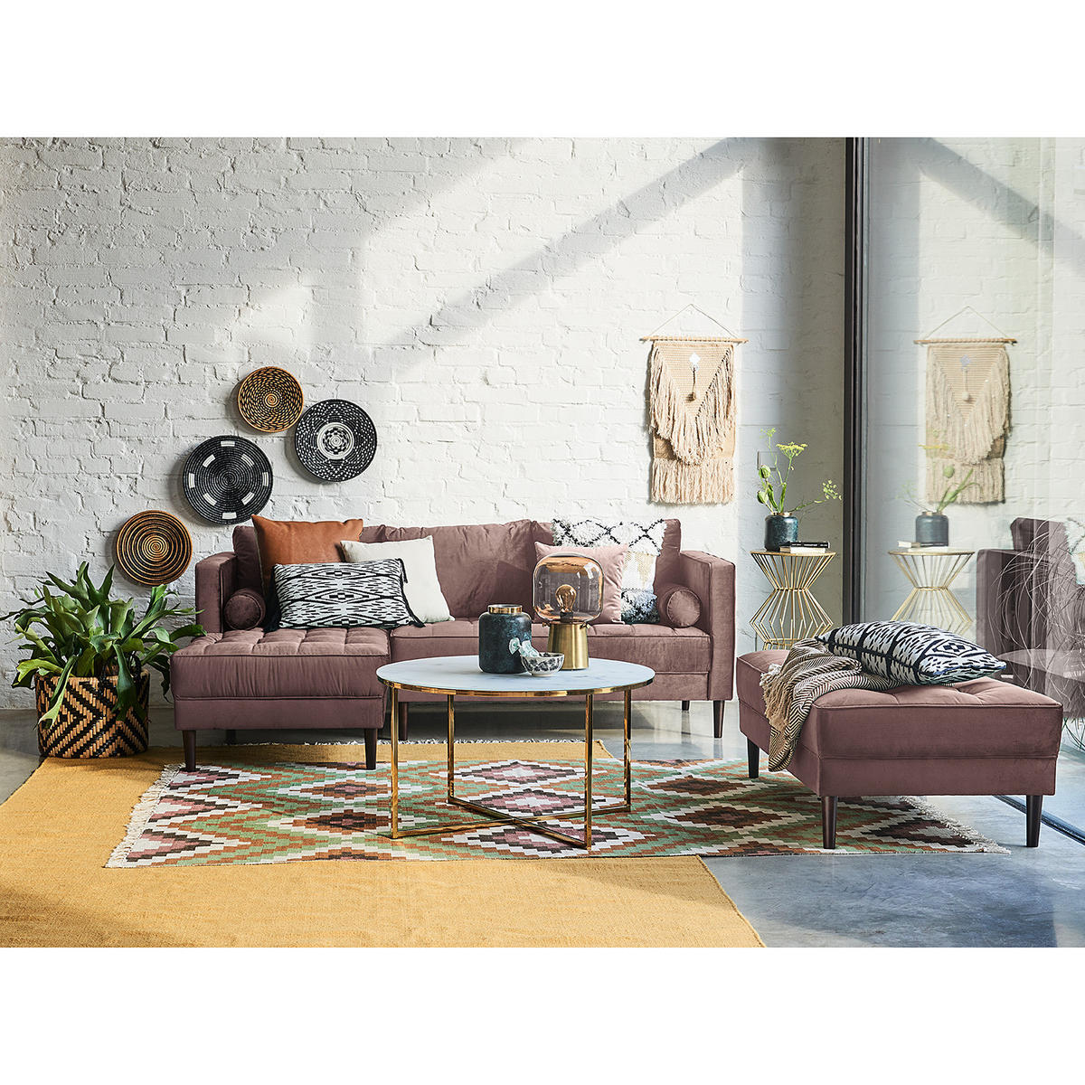 ECKSOFA - Samt - Dunkelbraun/Mauve, Birkenholz/Textil (201/155cm) - home24