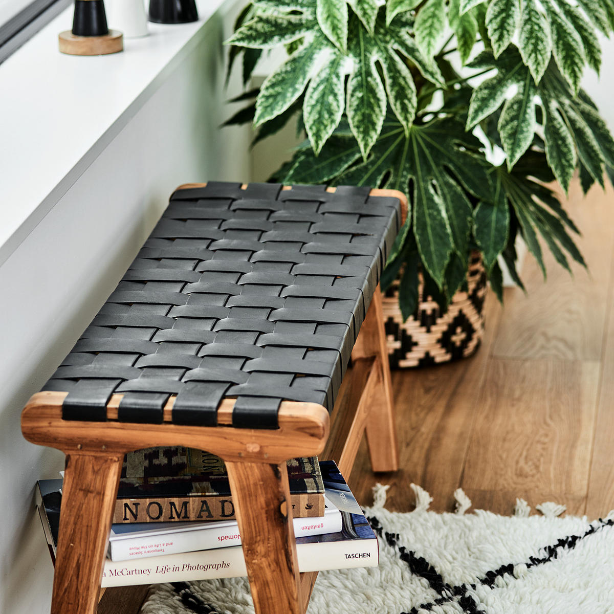 SITZBANK - Echtleder / Teak massiv - Schwarz/Teakfarben, Leder (100/40/35cm) - home24