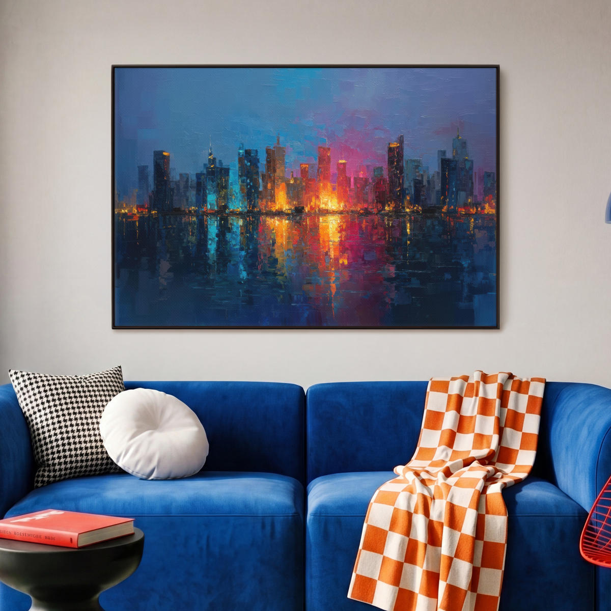 LEINWAND Bilder mit Rahmen - Skyline - Pinselstriche - Dunkelblau - Leuchtend - 90x60 - Blau, Textil (90/60cm) - MuchoWow