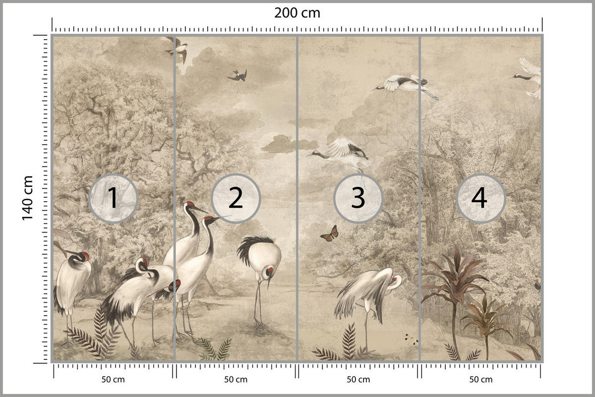 FOTOTAPETE für Schlafzimmer Retro Kraniche Wald Bäume Vögel 200x140 - Beige/Rot, Papier (200/140cm) - Muralo