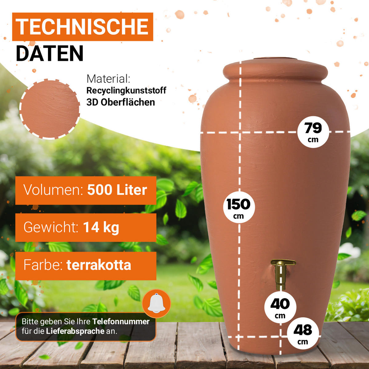 AMPHORE Regentonnen Komplett-Set 500 L kotta - Terracotta, Kunststoff (79/150/79cm) - GARANTIA