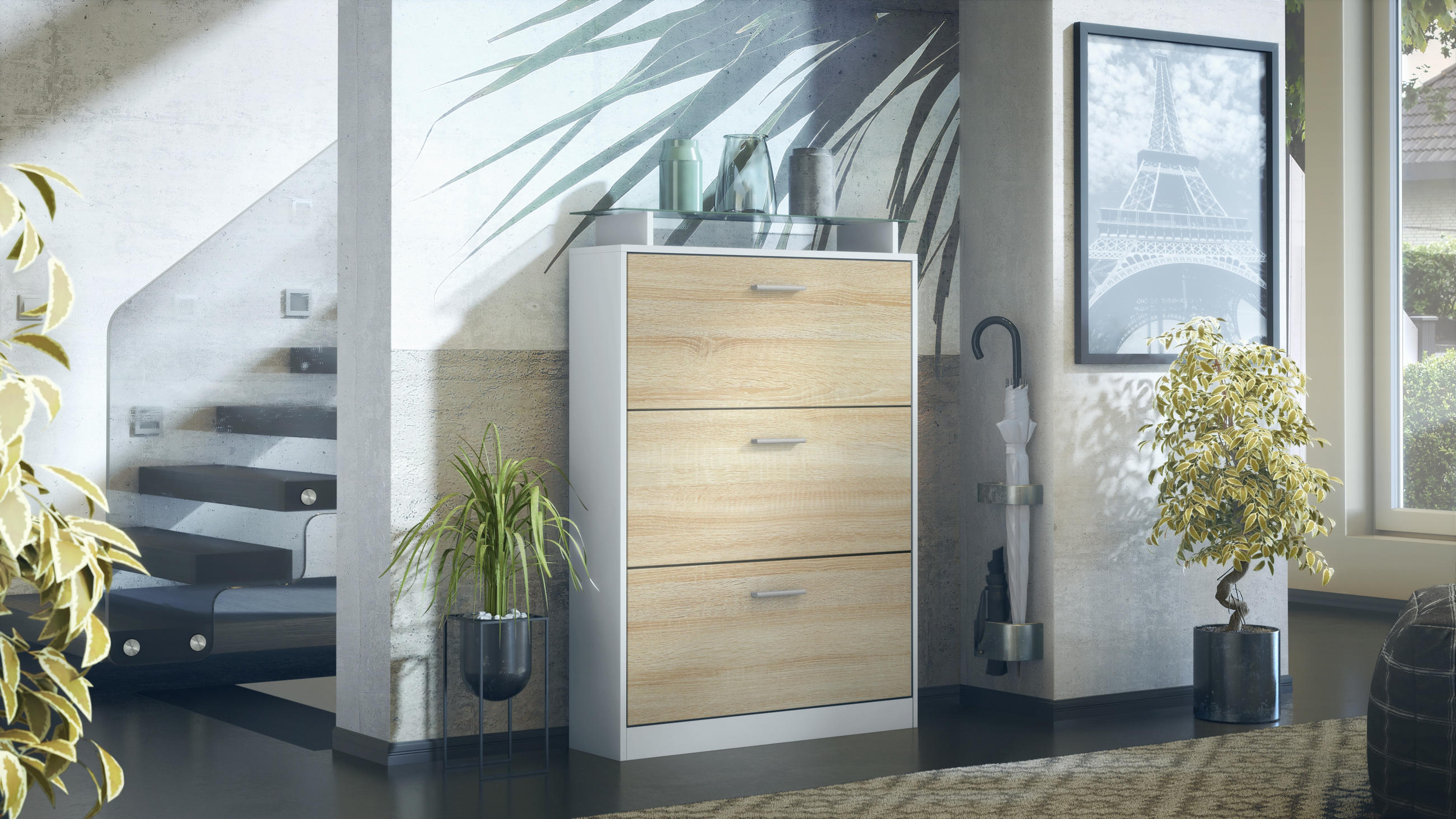 SCHUHSCHRANK Lavia Front in Eiche sägerau - Eiche San Remo, Holzwerkstoff (89/128/23cm) - Vladon