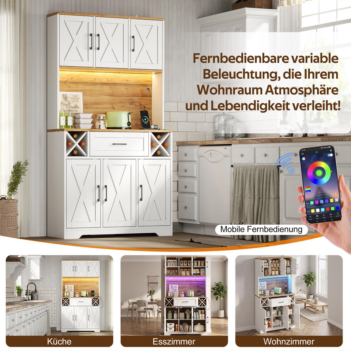 BUFFET DE-38736 105/40/180 cm LED-Beleuchtung und Weinregal Weiß - Weiß, Holzwerkstoff (105/180/40cm) - ComfortXL
