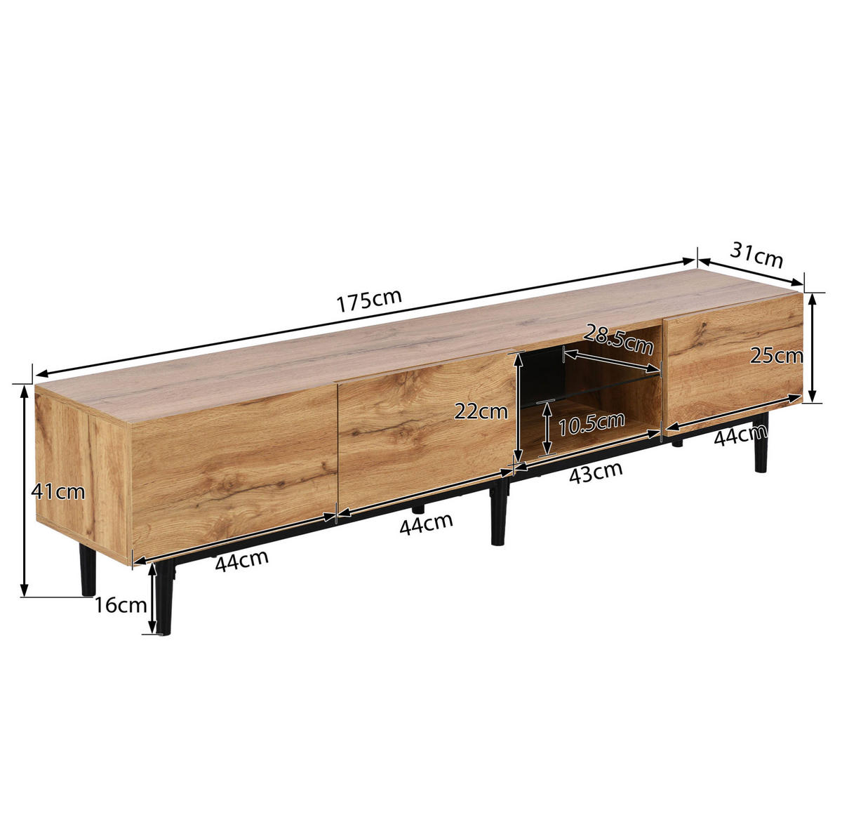 TV-BOARD aus MDF 175x31x41 cm Eichefarben/Schwarz mit LED-Beleuchtung, 3 Fächern und viel Stauraum - Eichefarben, Holzwerkstoff (175/41/31cm) - Modfu