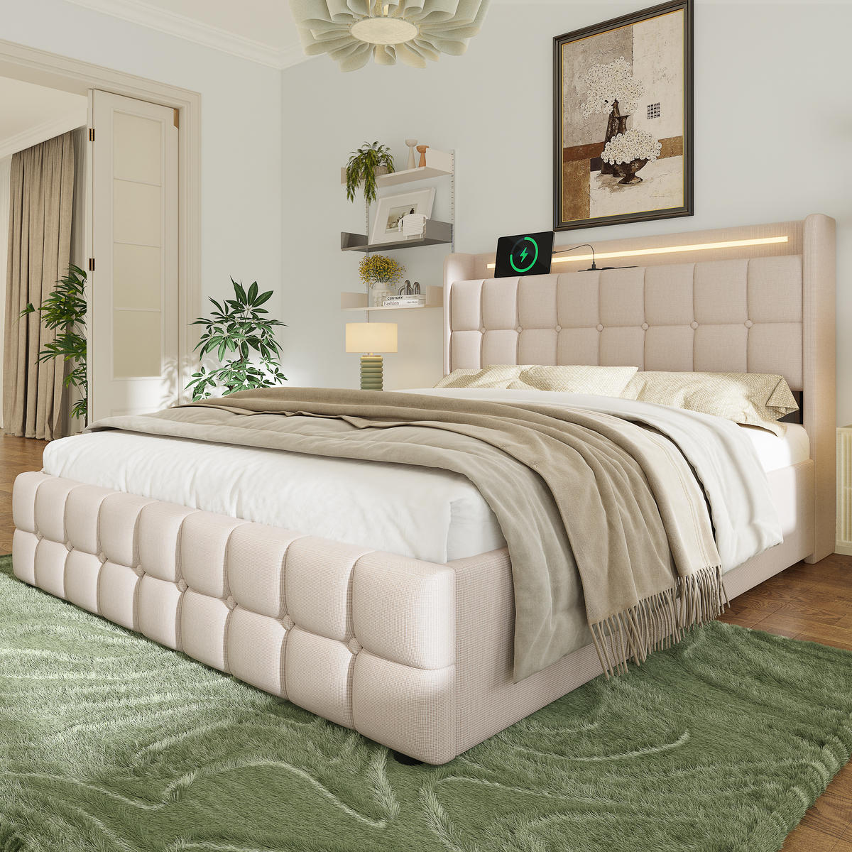 POLSTERBETT 140x200 Beige LED USB 4 Schubladen Holz - Beige, Holz (140/200cm) - FLIEKS
