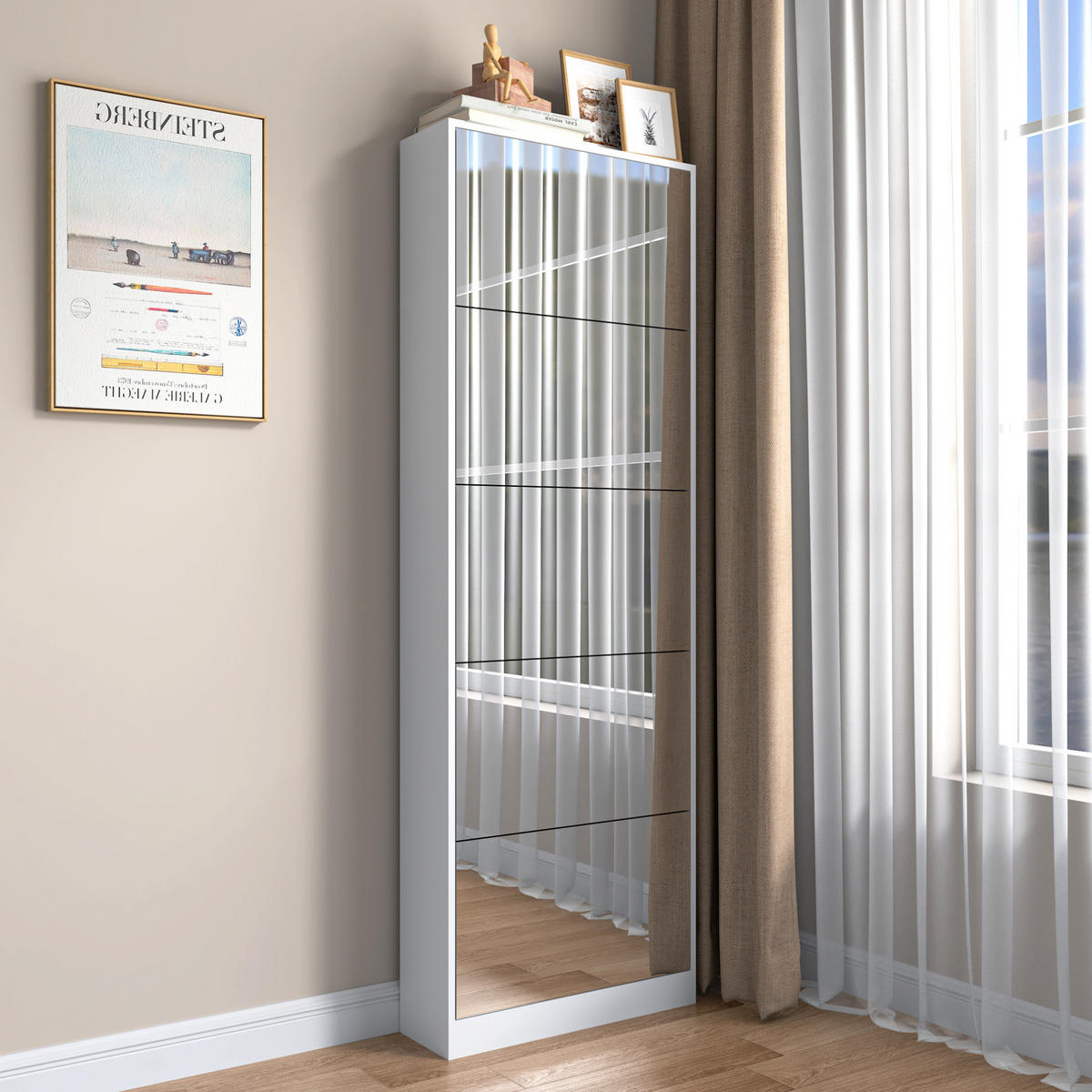 SCHUHSCHRANK 185 cm Weiß aus MDF mit Spiegel - Weiß, Holzwerkstoff (63/185/19.6cm) - OKMYHOME