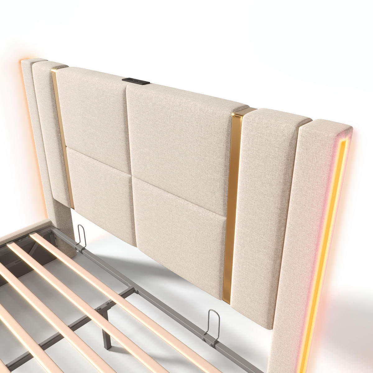 POLSTERBETT 160/200 cm Beige aus Leinen mit LED und Stauraum - Beige, Textil (160/200cm) - OKMYHOME