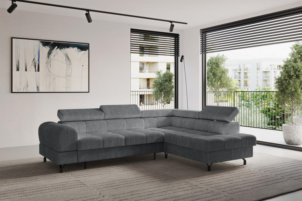 ECKSOFA mit Schlaffunktion Ottomane Rechts LUMA-L 272x203x70 Dunkelgrau Cord - Dunkelgrau/Schwarz, Holzwerkstoff/Kunststoff (203/272cm) - ALTDECOR