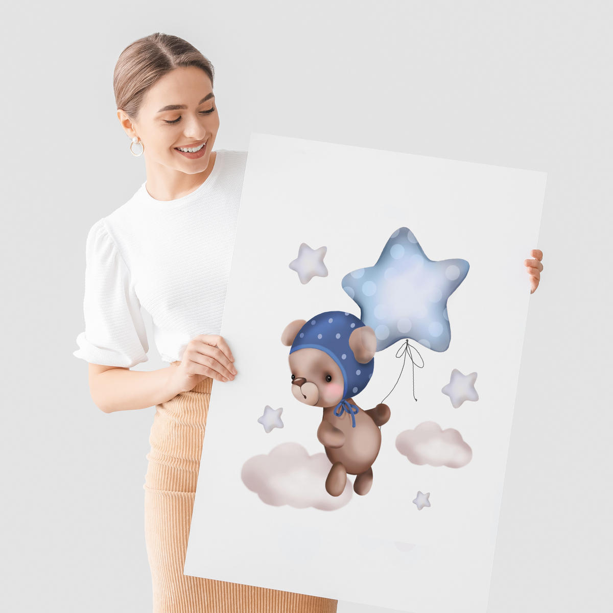 SADA PLAGÁTOV Do Detskej Izby Mackovia Balóny Hviezdy Oblaky 3x Plagát A3 30 x 42 cm - hnedá/biela, papier (30/42/1cm) - Muralo