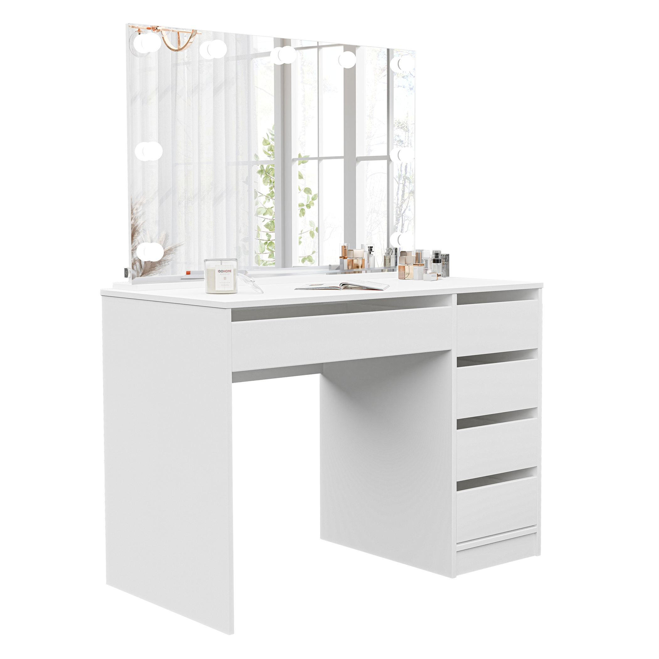 SCHMINKTISCH Bella Weiß 110 cm mit Spiegel und LED Beleuchtung - Weiß, Holzwerkstoff (110/77/55cm) - Idohome