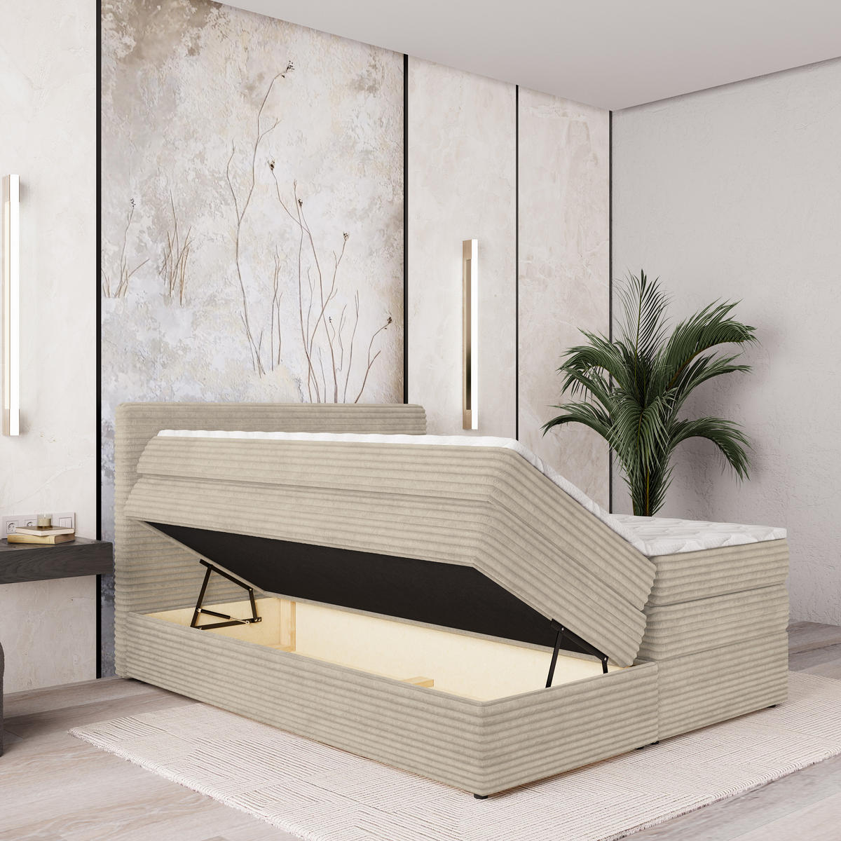 BOXSPRINGBETT LUNERA 140x200 cm mit Matratze und Topper - Creme - Creme, Holz (140/200cm) - MASSENO