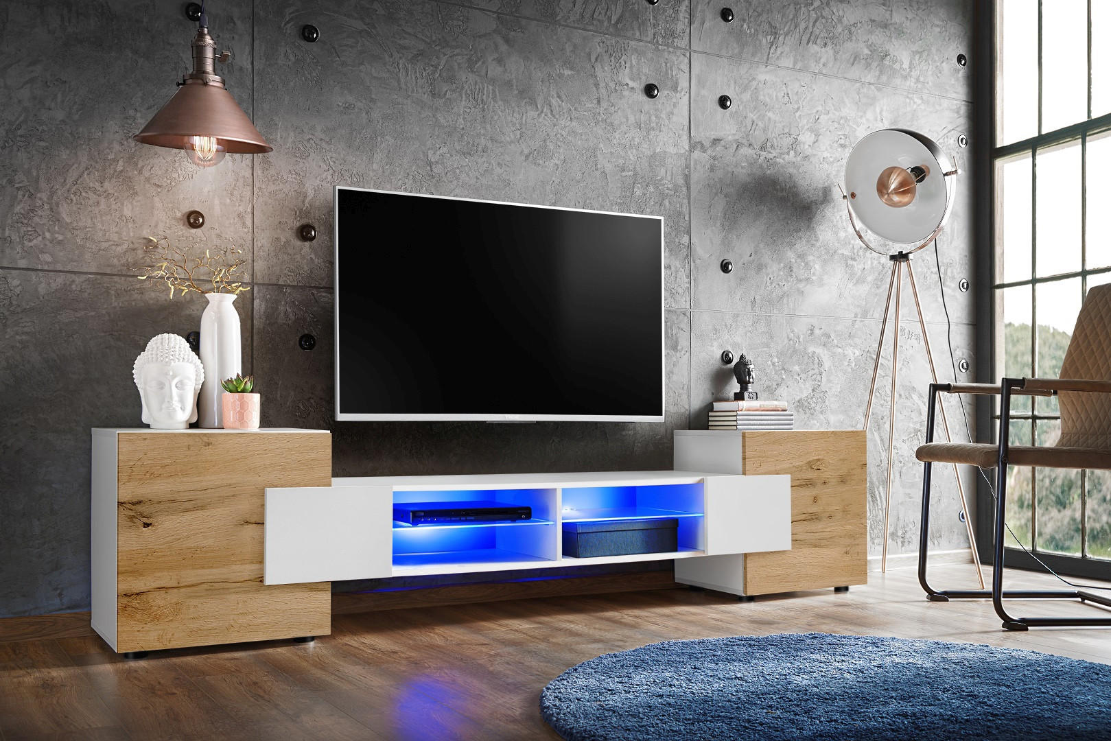 LOWBOARD MERANO Weiß, Blau LED Beleuchtung - Eiche Wotan/Weiß, Glas/Holzwerkstoff (230/52.5/35cm) - Komodee