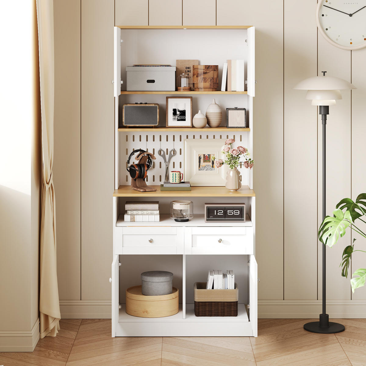 BUFFET DE-37565 80/40/175 cm mit Scheunentor und Lochwand Natur/Weiß - Weiß, Holzwerkstoff (80/175/40cm) - ComfortXL