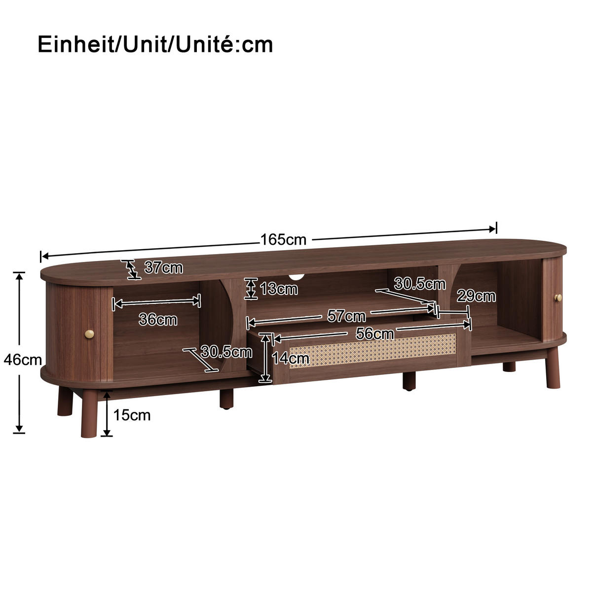 TV-SCHRANK Rattan Landhaus Türen Schubladen Massivholz - Walnussfarben, Holzwerkstoff (37/46/165cm) - FLIEKS