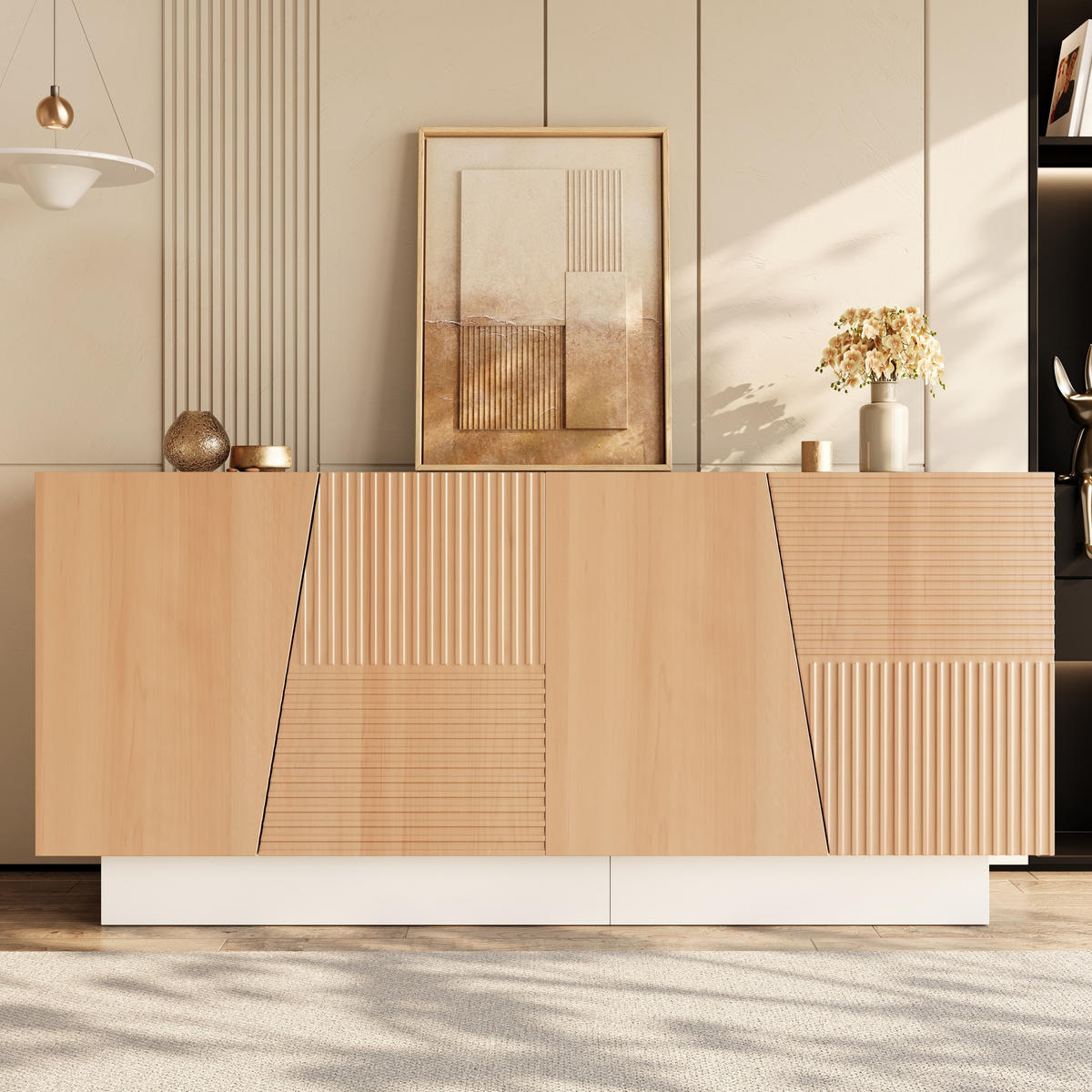 SIDEBOARD geometrische Rillen 4 Türen Stauraum modern - Weiß, Holzwerkstoff (40.5/72/160cm) - FLIEKS