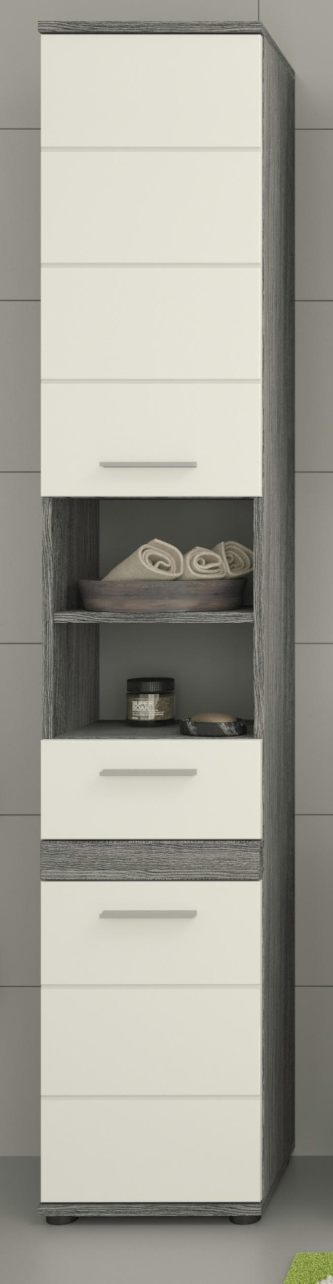 HOCHSCHRANK weiß Hochglanz, grau 35 cm, Badschrank mit 6 Fächern - Weiß Hochglanz/Silberfarben, Holzwerkstoff/Kunststoff (35/191/31cm) - Inn.Furn