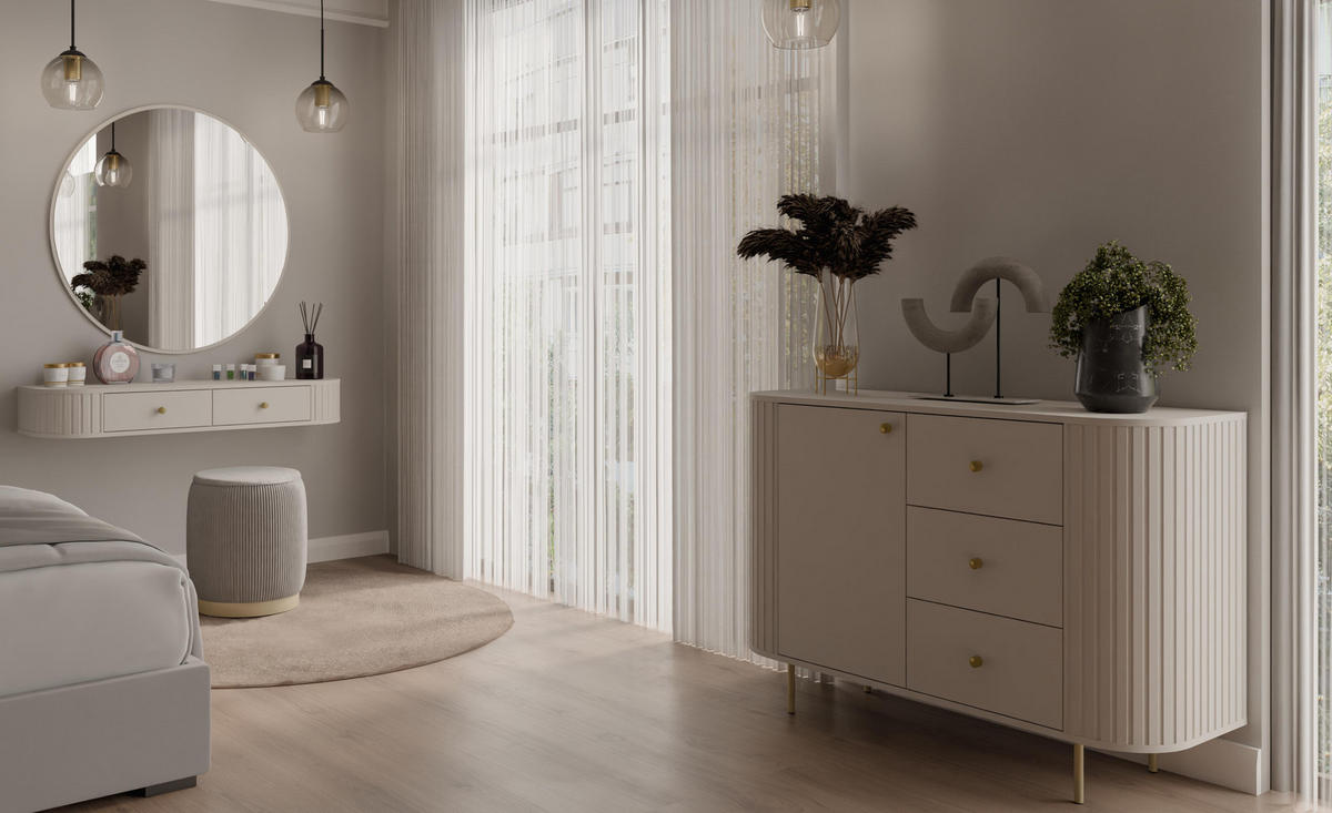 KONSOLENTISCH Halay Beige 2 Schubladen mit runden Kanten + Rund Spiegel 100 cm - Beige/Goldfarben, Holzwerkstoff/Metall (35.9/123/17.5cm) - AX Living