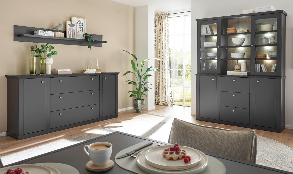 SIDEBOARD schwarz matt, Eiche Landhaus 205 cm, Kommode mit Soft-Close - Eichefarben/Messingfarben, Holzwerkstoff/Metall (205/92/42cm) - Furn.Design