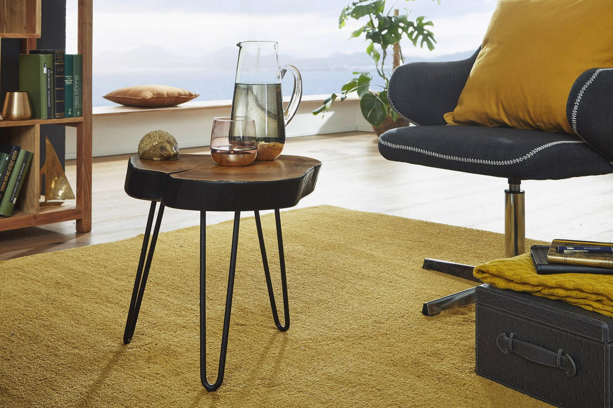 BEISTELLTISCH Massivholz Metallbeine Baumstammoptik BALU, Braun 35x35x45 cm - Schwarz/Braun, Holz/Metall (35/35/45cm) - KADIMA DESIGN
