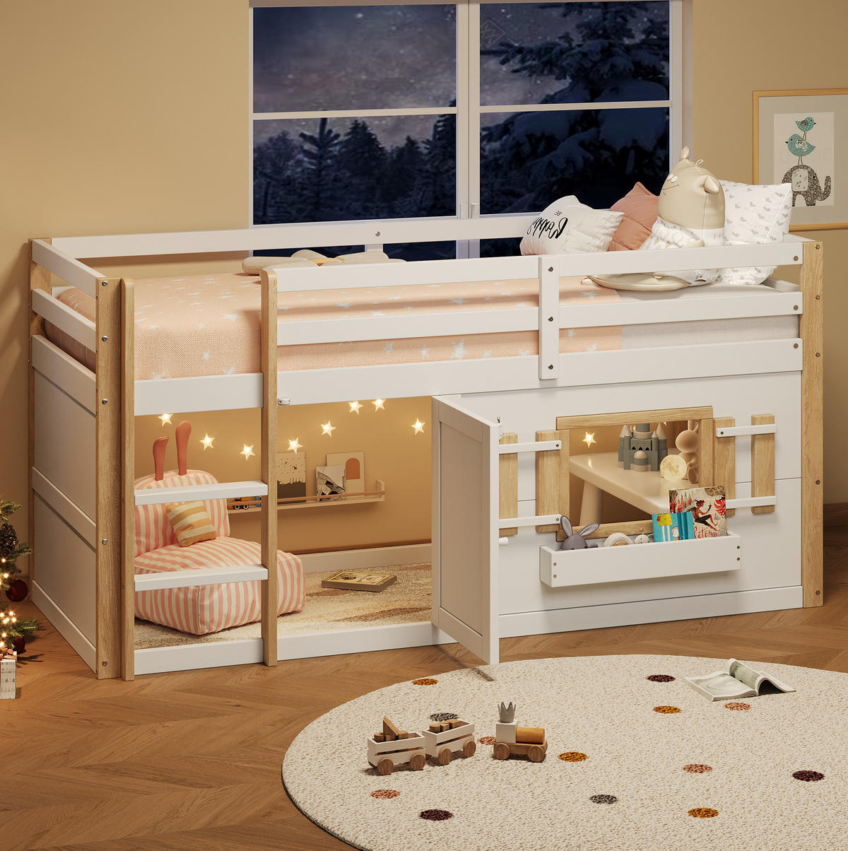 ETAGENBETT 90/200 cm weiß aus Massivholz mit Leiter und Spielfläche - Weiß, Holzwerkstoff (90/200cm) - OKWISH