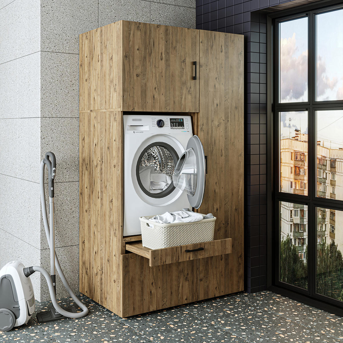 WASCHMASCHINENSCHRANK Serie 2 112cm Breit, 205cm Hoch - Eichefarben, Holzwerkstoff (112/205/67cm)