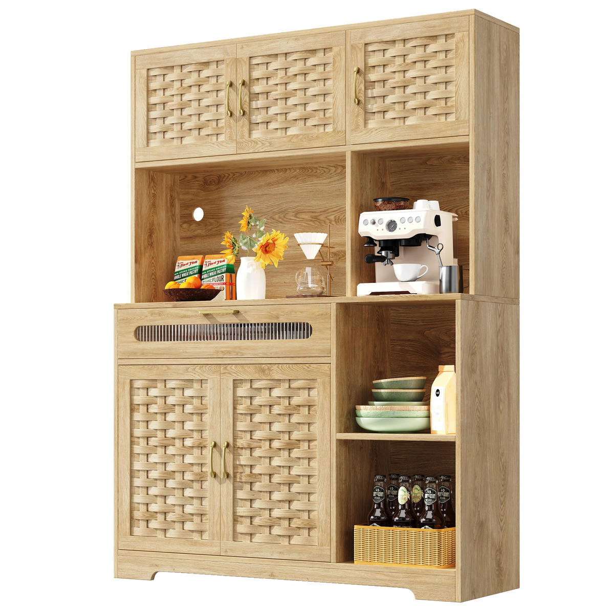 HOCHSCHRANK in MDF-Holzoptik mit geflochtenen Glasfronten, LED-App-Steuerung und USB, 120/40/180 cm, Naturfarben - Naturfarben, Holzwerkstoff (120/180/40cm) - Redom