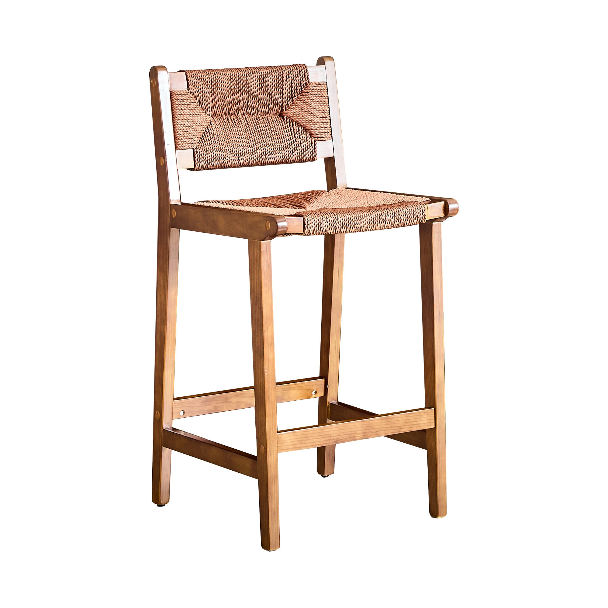 BARHOCKER Walnuss 2er-Set aus Massivholz mit Rückenlehne und Seilgeflecht - Walnussfarben, Holz (44/89/42cm) - PANGIVO