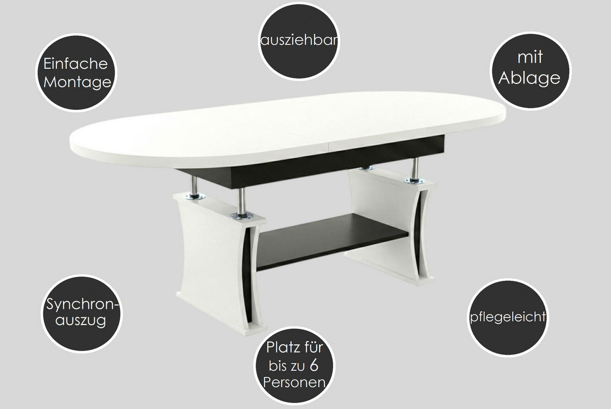 COUCHTISCH oval ausziehbar höhenverstellbar Ablage 130/80/60 cm - Hellgrau/Schwarz, Holzwerkstoff (80/130/60cm) - designimpex