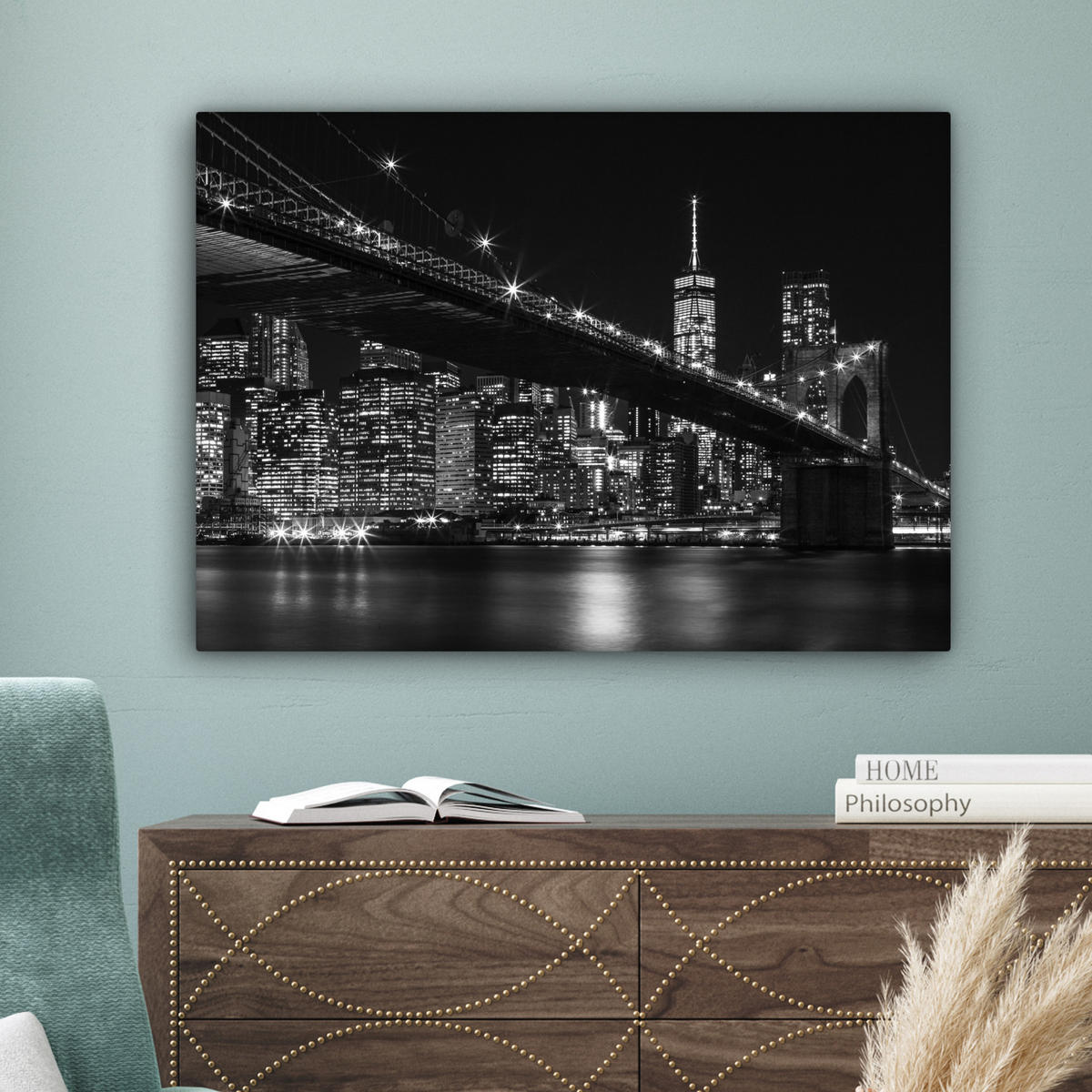 LEINWANDBILD New York - Brooklyn - Brücke Wandbilder 80x60 cm - Schwarz, Textil (80/60cm) - MuchoWow
