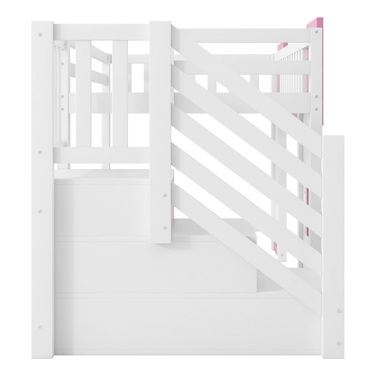 HOCHBETT 90/200 cm, Weiß/Rosa mit Stauraumtreppe und 2 Fenstern - Weiß, Holz (90/200cm) - MIVRAY