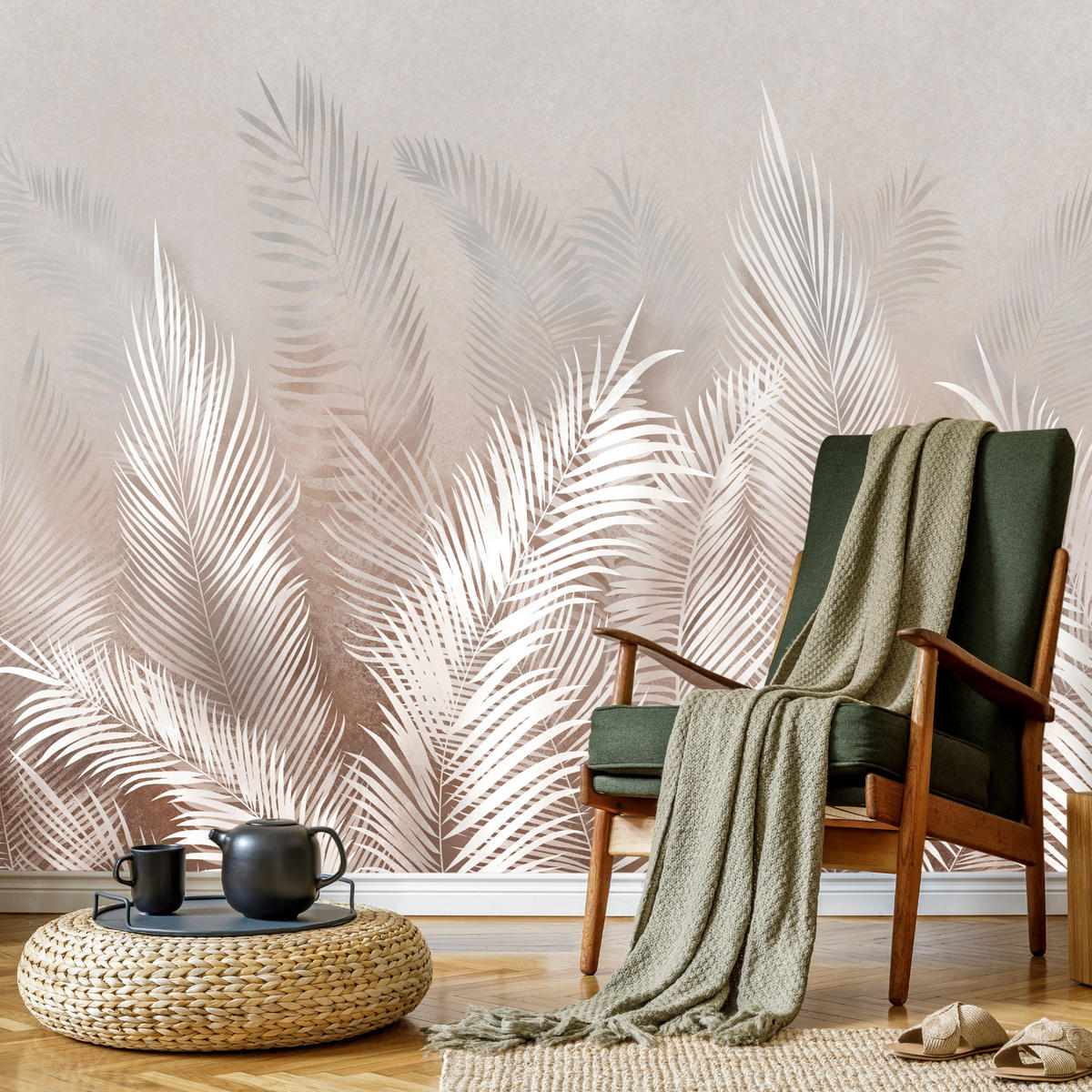 FOTOTAPETE Palmenblätter Pflanzen Natur Boho Stil 520x318cm - Beige/Braun, Papier (520/318cm) - Muralo