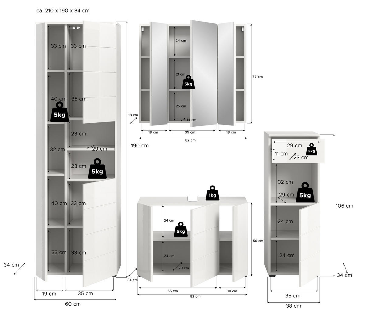 BADZIMMER-SET 4-teilig weiß Hochglanz 210 x 190 cm, Badmöbel mit viel Stauraum - Weiß Hochglanz/Schwarz, Holzwerkstoff/Kunststoff (210/190/34cm) - Inn.Furn