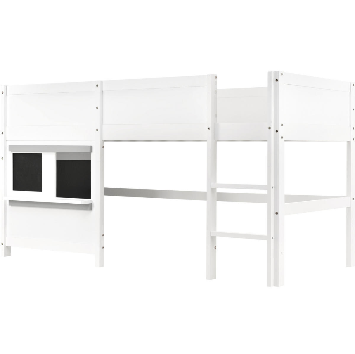 KINDERBETT aus Kiefernholz 90x200 cm Weiß mit Tafel, Ablage und Treppe - Weiß, Holzwerkstoff (90/200cm) - IVMEU