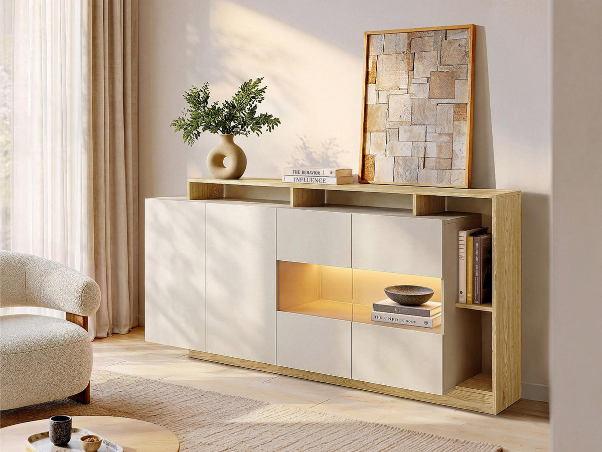 SIDEBOARD - 200 cm x 43.6 cm - holz - beige, naturfarben hell Idesia - Beige/Naturfarben, Glas/Holz (200/92.8/43cm) - Vente-Unique