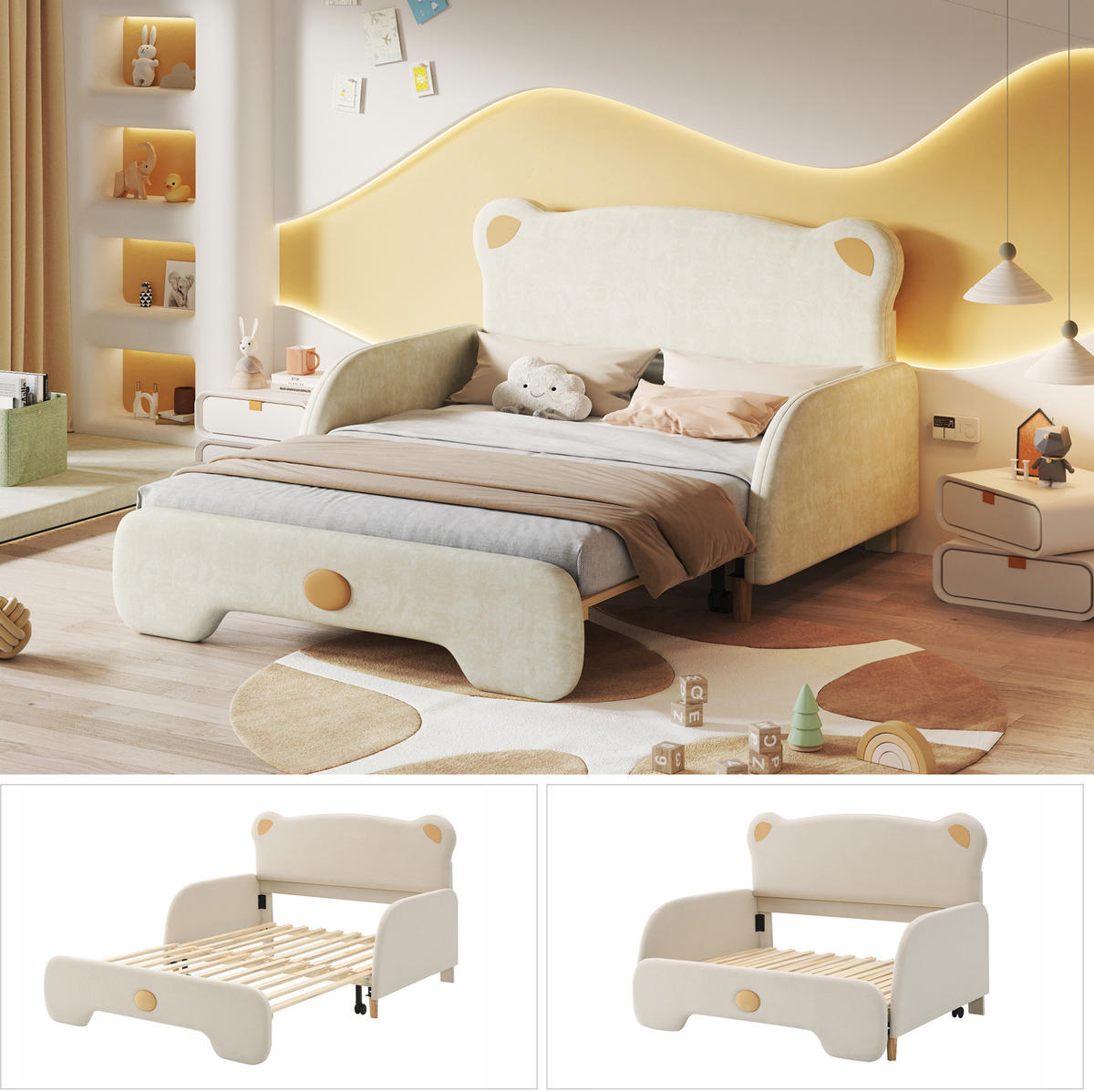 POLSTERBETT 140/200 cm aus Samt mit Ausziehbett in Bärenform Beige - Beige, Textil (140/200cm) - Modenvie