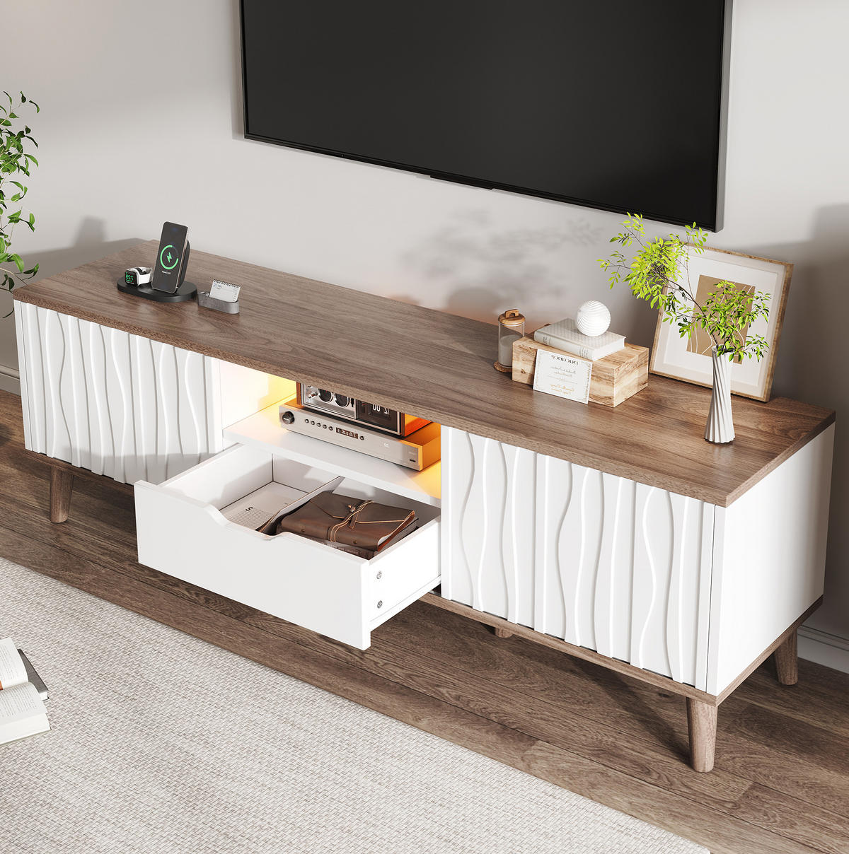 TV-ELEMENT mit LED-Beleuchtung 160 x 40 x 52 cm Weiß Deep Walnut - Weiß, Holzwerkstoff (40/52/160cm) - Beauniv