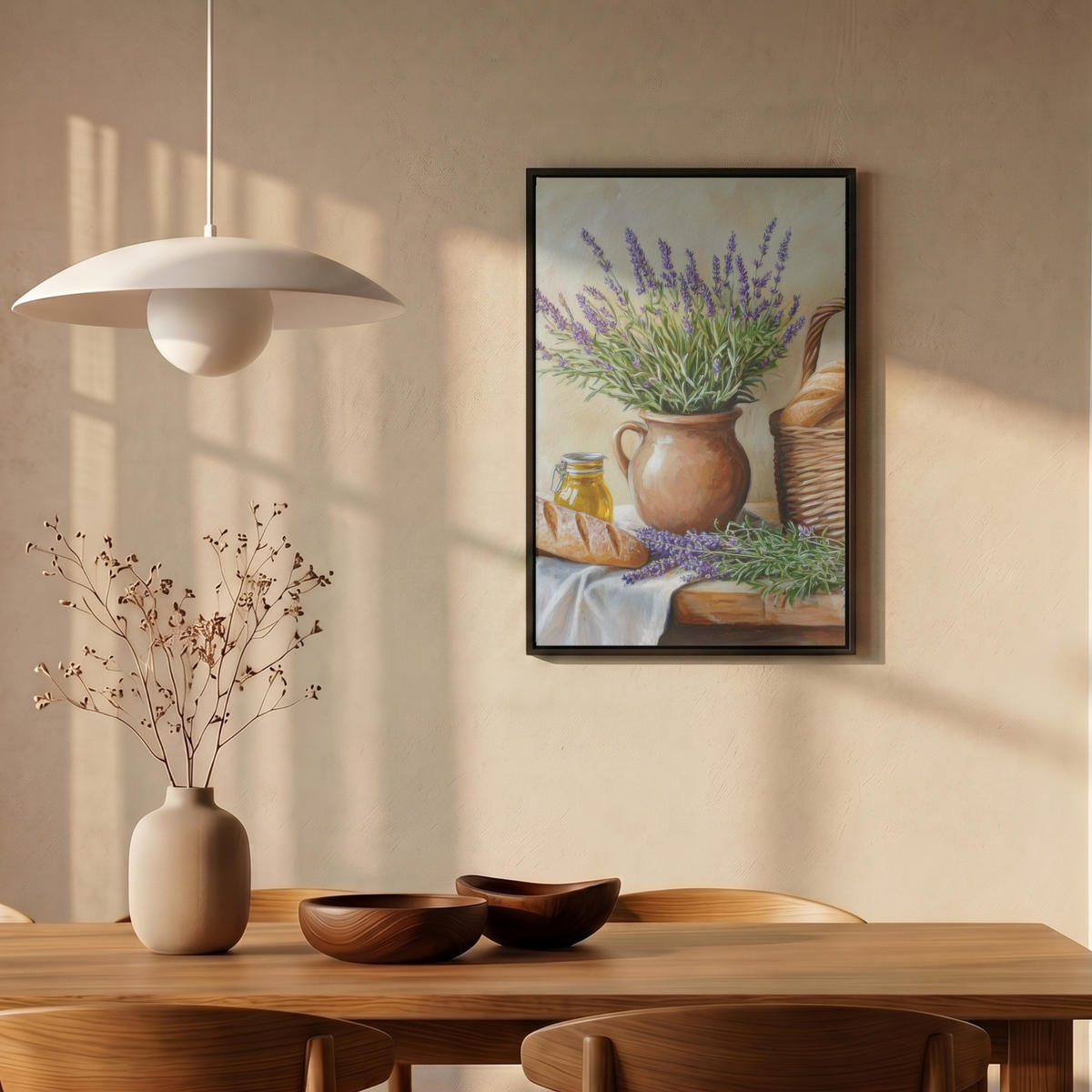LEINWAND Bilder mit Rahmen - Lavendel - Brot - Stilleben - 40x60 - Flieder, Textil (40/60cm) - MuchoWow