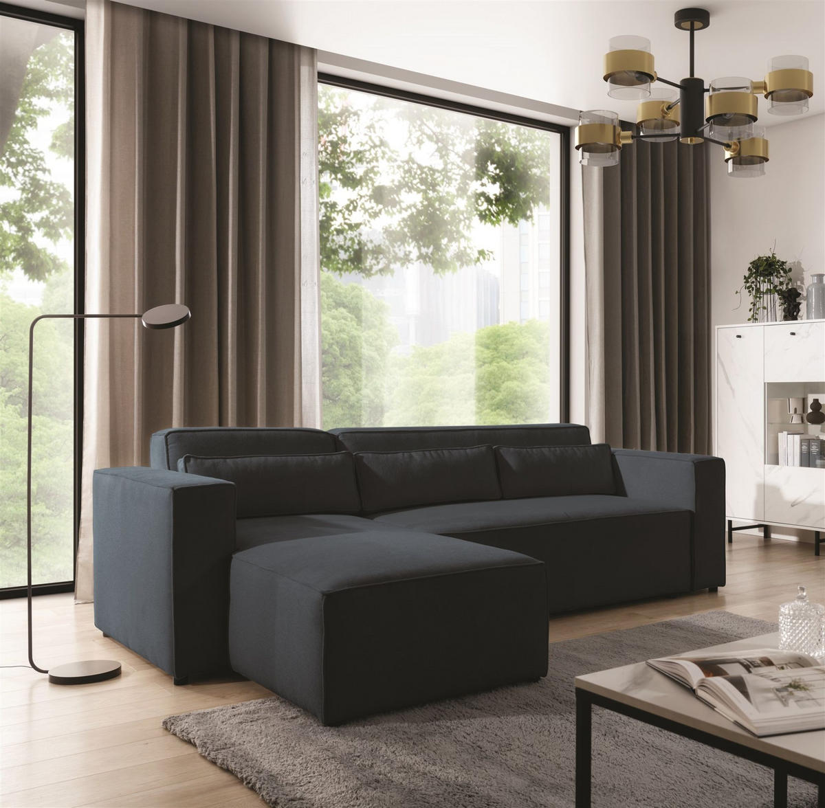 ECKSOFA Schlafsofa Waldo In Stoff Poso - Blaugrau, Holzwerkstoff/Textil (260/173cm) - Fun Möbel