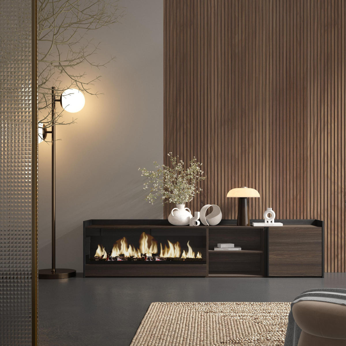 LOWBOARD, Dunkler Eiche und Schwarz, 212/35/50cm, Kamin mit Feuereffekt XXL - Dunkelbraun, Holzwerkstoff (212/50/35cm) - Skraut Home