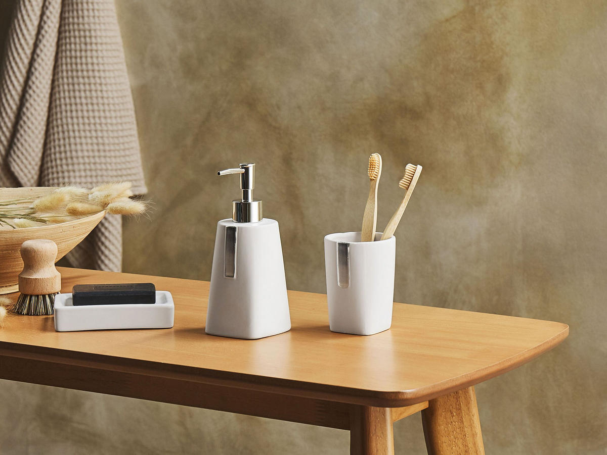 BADEZIMMER Set 3-teilig Keramik beige Sonana - Beige, Stein (8/19/8cm) - Beliani