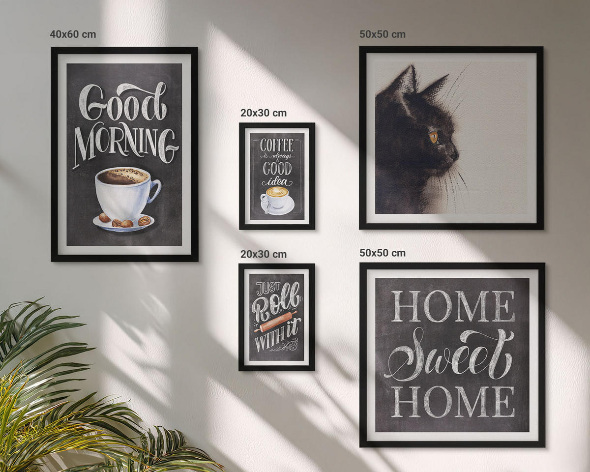 WANDBILDER 5er-Set - 50x50 cm & 20x30 cm & 40x60 cm Schwarzer Rahmen - Hausküchenthemen Katze - Schwarz, Kunststoff (40/60cm) - ArtPrintCave