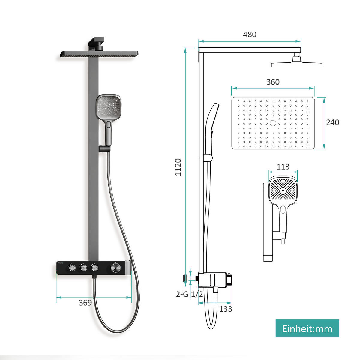ÜBERKOPFBRAUSESET mit Dreiwege-Konstanttemperaturmischer Anthrazit Matt - Anthrazit, Metall (36/112/48.5cm) - EMKE