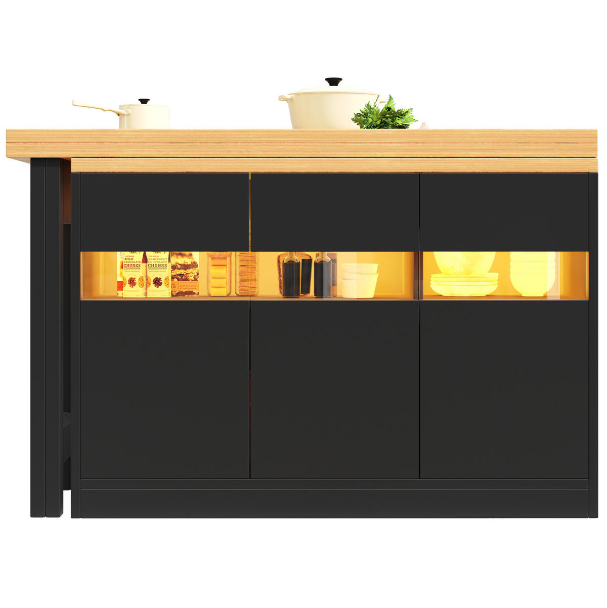 KÜCHENINSEL aus MDF 120-180x40x71,5 cm in Schwarz/Natur mit LED - Schwarz, Holzwerkstoff (180/71.5/40cm) - Modfu