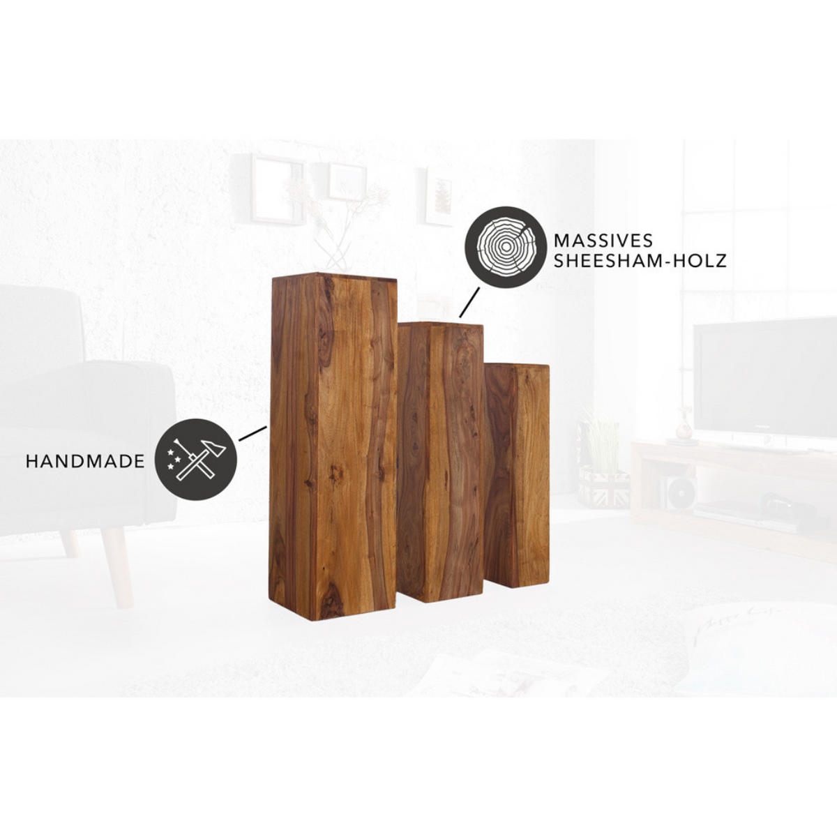 DEKO SÄULENSET MAKASSAR Sheesham Stone Finish 80 cm 3-teilig - Braun, Holz (25/80/25cm) - riess-ambiente