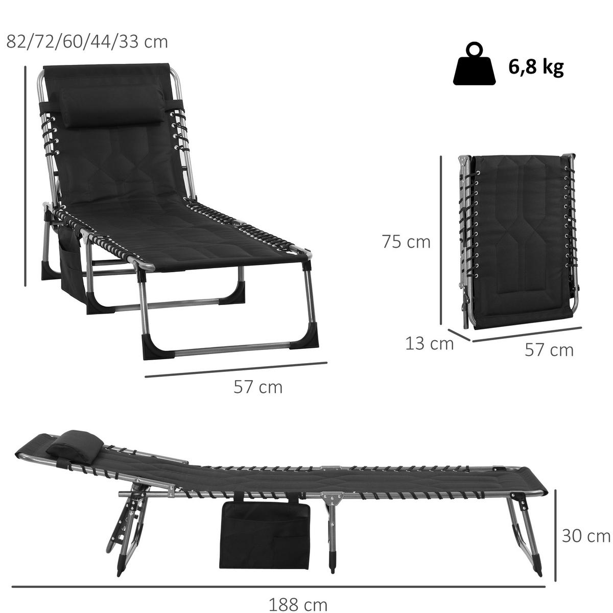 GARTENLIEGE mit Kissen 5-stufige Rückenlehne verstellbar Stahl Oxford-Stoff Schwarz 188 x 57 x 30 cm - Schwarz, Metall (57/30/188cm) - Outsunny