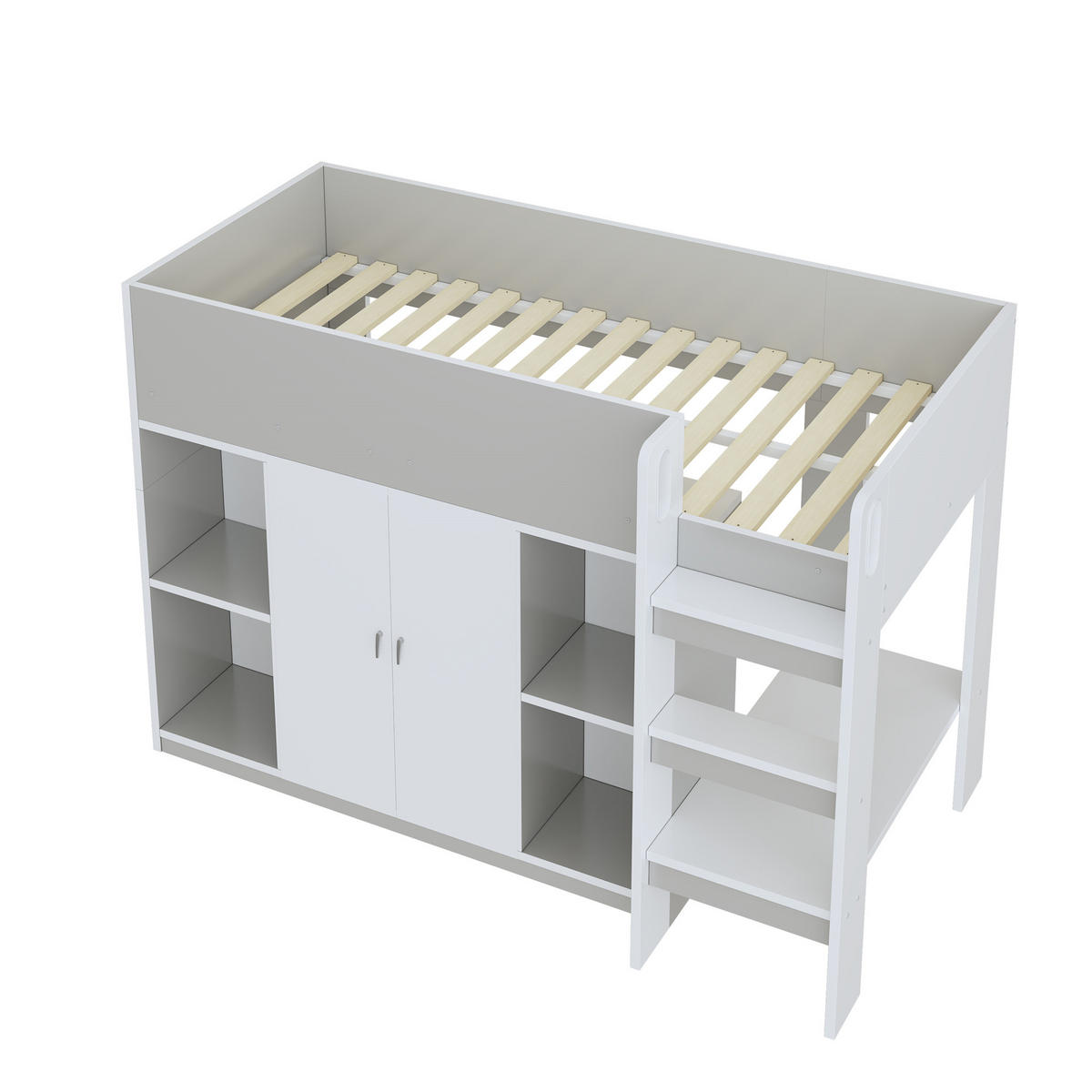 HOCHBETT 90/200 cm in Grau/Weiß mit Schrank, Regalen und Leiter - Grau, Holz (90/200cm) - Flora Grace