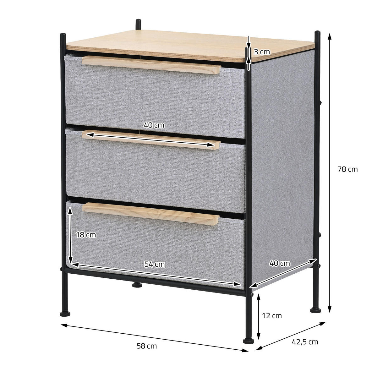 KOMMODE mit 3 Schubladen aus Stoff 58x78x42,5 cm Grau - Dunkelgrau, Holzwerkstoff (58/78/42.5cm) - ML-DESIGN