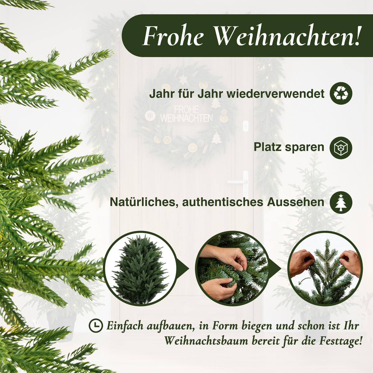 KÜNSTLICHER Weihnachtsbaum im Topf, 123 cm, 100 warmweiße LEDs - Grün, Kunststoff (52/123cm) - Hometopia