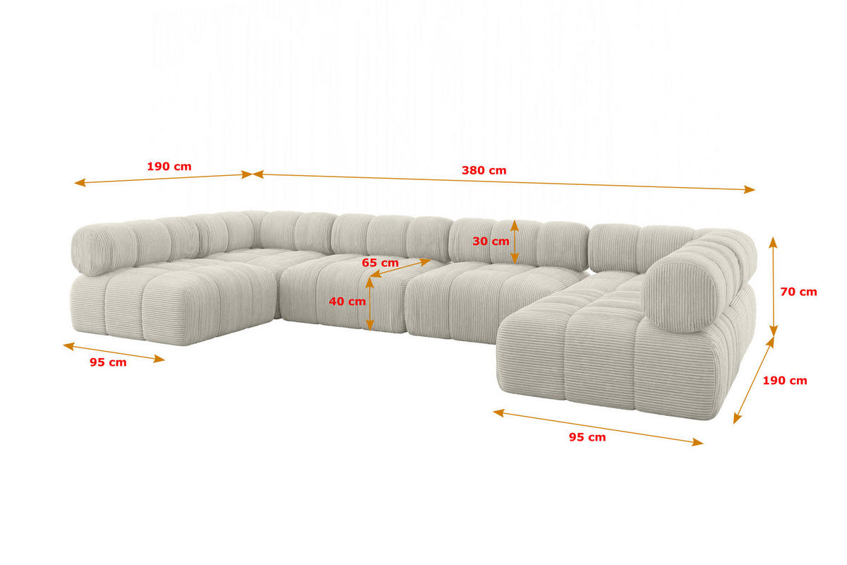 WOHNLANDSCHAFT modulares Sofa Garvo-U2 - 380x190x70 cm Hellgrau Cord - Hellgrau, Holzwerkstoff/Textil (380/70/190cm) - ALTDECOR